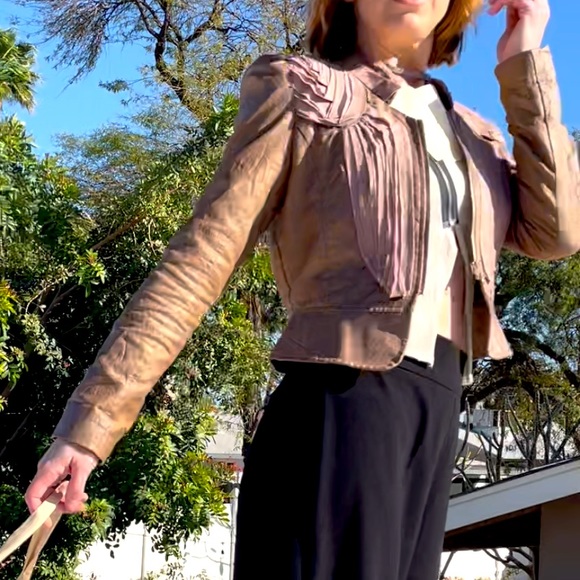 Rye women’s size small beige cotton textured cropped zip-up peplum jacket - Picture 10 of 16